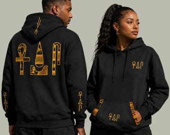 Ankh Udja Seneb (Black Gold) Hoodie – Embroidered Egyptian Symbol Streetwear _ Adult