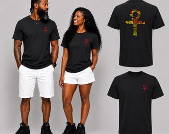 Handmade Embroidery Ankh Applique Tee Shirt_ Adult Kente 3 (Black)