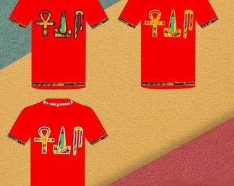 Red Khemetic African Pride Kente - Ankh Udja (Wedja) Seneb (Snb), Embroidery Egyptian Graphic Unisex Shirt MD2021
