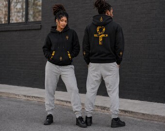 Ankh Cross (Black Gold) Hoodie | Spiritual Streetwear | Kente Trim Pullover_ Adult