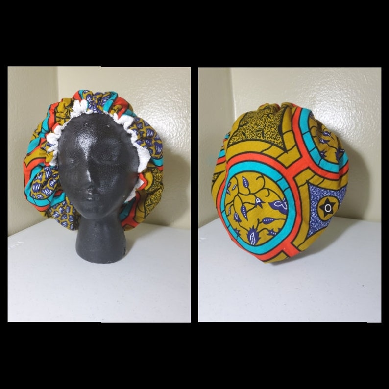 Adult African Fabric Towel Bonnet Adjustable and Durable for your shower, bath or beach image 10