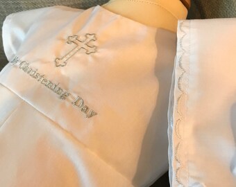 Boys Christening romper suit and baptism bonnet hat - Personalised baby clothes - Embroidered christening dress - Baby outfit - Made in UK