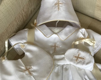 Christening Baby Gown Set - Embroidered Cross - Convertible Baptism Gown - Romper suit - Bonnet - Bootees - Bib - Heirloom - Boy - Girl
