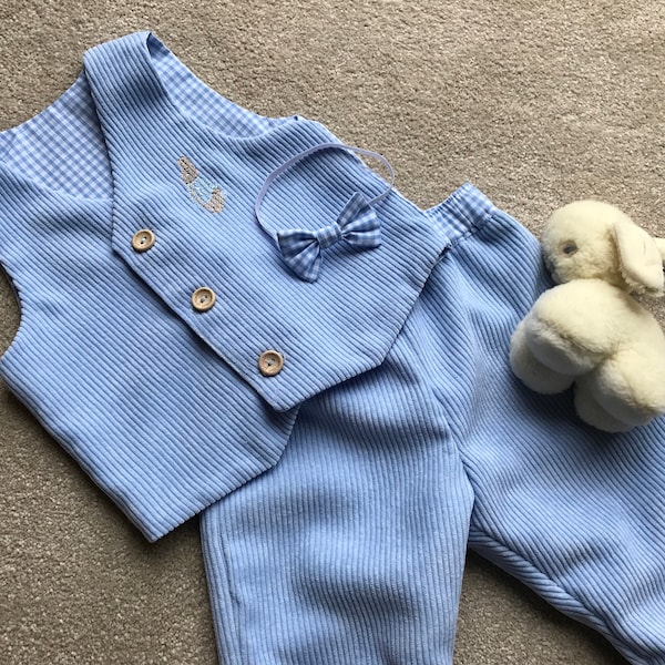 Peter Rabbit Baby clothes, Personalised, Waistcoat, Trousers, Bow tie, Christening outfit, First Birthday clothes, Boys baptism suit, Gift