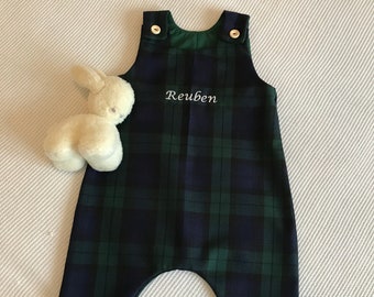 Baby boy Personalised outfit, First Birthday outfit, Boys tartan dungarees, baby winter outfit, Blue and Green tartan romper suit