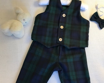 Baby boy outfit - Black watch trousers waistcoat bow tie -  Tartan pageboy suit - Boys Wedding outfit - 1st birthday clothes - Christmas