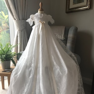 Lace Christening gown, taufkleid, christening dress extra long, baptism dress, robe de bapteme, christening gowns uk, unisex christening