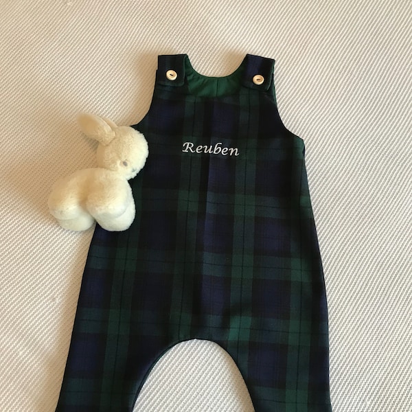 Baby boy Personalised outfit, First Birthday outfit, Boys tartan dungarees, baby winter outfit, Blue and Green tartan romper suit