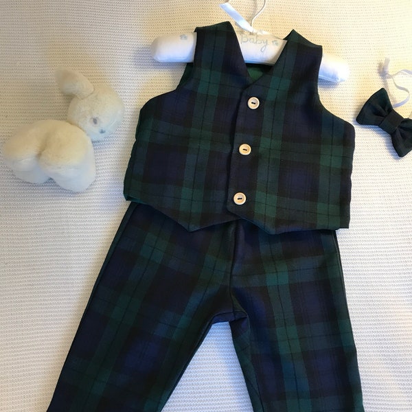 Baby boy outfit - Black watch trousers waistcoat bow tie -  Tartan pageboy suit - Boys Wedding outfit - 1st birthday clothes - Christmas