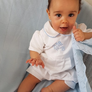 Christening gown boy, personalised baby clothes, baby boys modern baptism romper suit, heirloom baby clothes, baby outfit, handmade in UK,