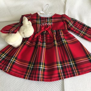 Baby girls tartan dress, Personalised baby dress with name, handmade dress in red Royal Stewart tartan, winter dress, First birthday outfit