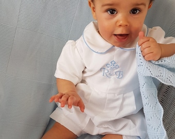 Christening gown boy, personalised baby clothes, baby boys modern baptism romper suit, heirloom baby clothes, baby outfit, handmade in UK,