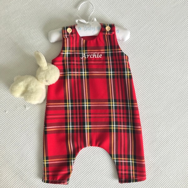 Baby boy Personalised outfit, First birthday outfit, Boys tartan dungarees, baby winter outfit, Red tartan romper suit