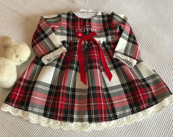 Robe tartan pour bébé - Robe tartan rouge Stewart personnalisée - Robe premier Noël - Robe d'hiver pour bébé - Tenue de fête pour bébé