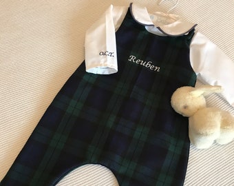Baby boy Personalised outfit, First birthday outfit, Boys Black watch tartan dungarees, boy winter clothes, baby boy pageboy outfit,