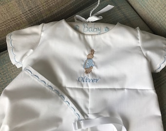 Peter Rabbit Boys Christening romper suit / baptism bonnet / Peter Rabbit 1st Birthday / Personalised baby clothes / gown / Baby outfit / UK