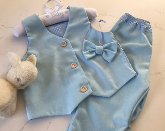 Boys Linen outfit, Personalised Christening suit, Wedding Pageboy clothes, waistcoat, trousers, First Birthday, Handmade clothing, Gift