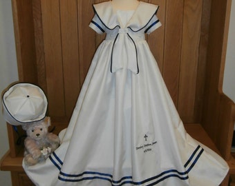 Convertible Christening Gown Sailor suit with detachable skirt complete with matching sailor hat