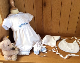 Baby boy clothing set - christening outfit - boys wedding suit - naming - romper suit - bonnet - bootees - bib - embroidered train - gown