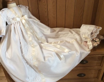 Girls christening gown, silk and lace bonnet, christening dress extra long, robe de bapteme, handmade christening gown, christening gowns uk