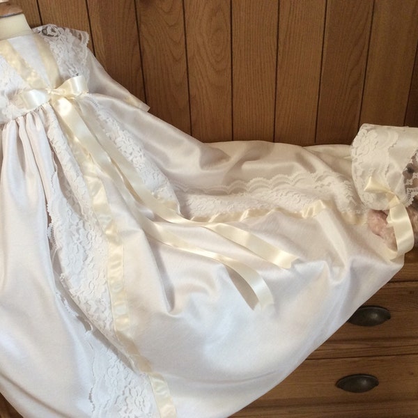 Girls christening gown, silk and lace bonnet, christening dress extra long, robe de bapteme, handmade christening gown, christening gowns uk