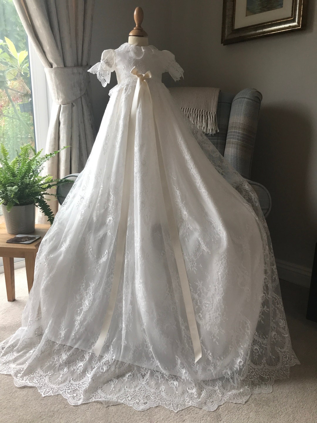 Lace Christening Gown, Taufkleid, Christening Dress Extra Long, Baptism