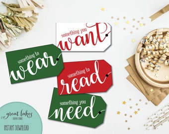 Christmas Gift Tags, Something you Want, Something you Need, Something to Wear, Something to Read, Printable Holiday Tags {INSTANT DOWNLOAD}