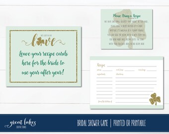 St. Patrick's Day Bridal Shower Recipe Card, Lucky in Love, Wedding Shower Share Recipe, Hens Shower Invitation Insert, Recipe Card Game,