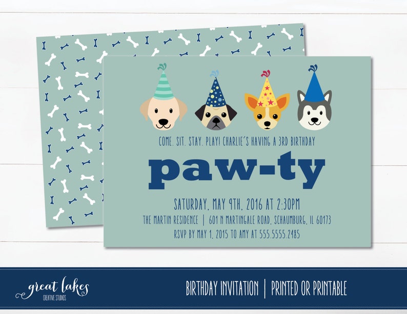 Dog Birthday Invitation, Doggie Birthday Party, Puppy Party, Puppy