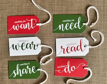 Printed Christmas Gift Tags, Something you Want, Something you Need, Something to Wear, Something to Read, plus Do and Share, Set of 6 Tags
