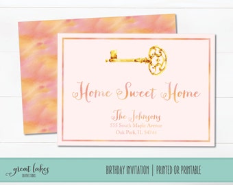 Moving Announcement, We've Moved Post Card, New House Announcement, Home Sweet Home, Key Moving Post Card, Pink and Gold, Change of Address