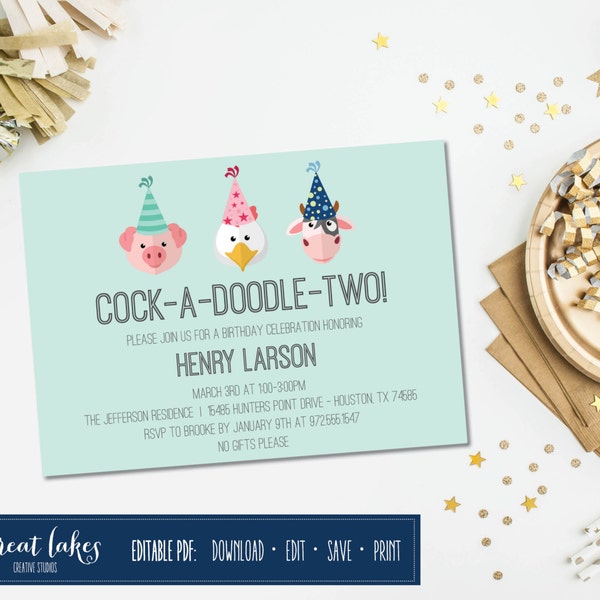 Farm Animals Birthday Invitation, Barnyard Second Birthday Invitation, Cock-A-Doodle-Doo, Pig, Cow, Rooster, Farm Party {INSTANT DOWNLOAD}