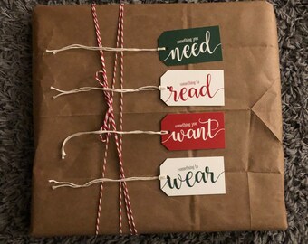 Printed Christmas Gift Tags, Something you Want, Wear, Need, Read, Set of 4 Tags