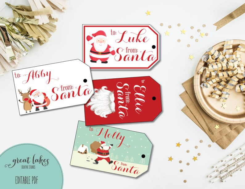 May include: Four printable Christmas gift tags featuring Santa Claus with different illustrations. The tags are white, red, and green with black text that reads "to" and "from: Santa". The names on the tags are Abby, Luke, Ellie, and Molly.