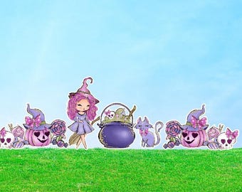 Pink Witch Halloween (5 Pieces) Yard Cards: Easy Set up Party Prop Cutouts Decor