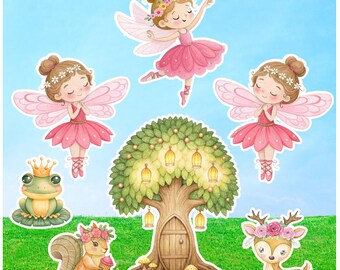 Pink Fairy Garden Birthday Party Props: Woodland Creatures, Baby Shower Decor Cutouts Yard Cards Full Set (6 Pieces)