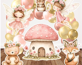 Recortes de casas de hadas rosas con forma de seta (6 piezas): Tarjetas de decoración de cumpleaños con criaturas del bosque para el jardín