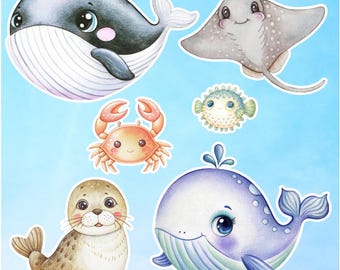 Chubby Whale (6 Piece) Under The Sea Party Prop Cutout Set:  Ocean Animals Decor Yard Cards