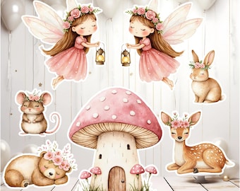 Set de 7 piezas de adornos recortables para fiestas temáticas de hadas y criaturas del bosque: decoración para cumpleaños y baby showers.
