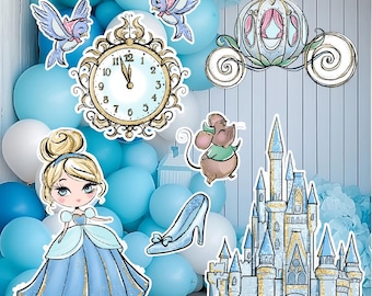 Set de recortes para fiesta de Cenicienta (8 piezas): Castillo, carroza, decoración de cumpleaños y tarjetas para el jardín.