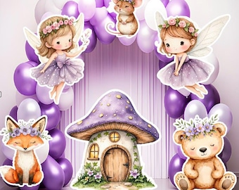 Set de recortes de plástico corrugado con motivos de hadas moradas para fiestas (6 piezas): Tarjetas decorativas de jardín con temática de setas y bosque.