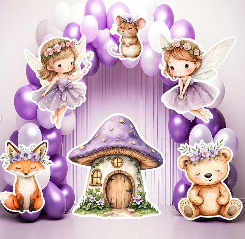 Six woodland character cutouts arranged in front of a purple and white balloon arch backdrop.