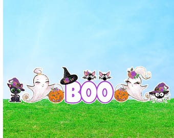 Glitter Boo Ghosts (5 Pieces) Halloween Yard Card Cutouts: Spooky Lawn Decor Party Props Cutouts