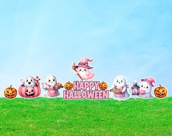 Pink Halloween Ghosts (8 Pieces) Yard Cards Easy Set up  Party Prop Cutouts Decor