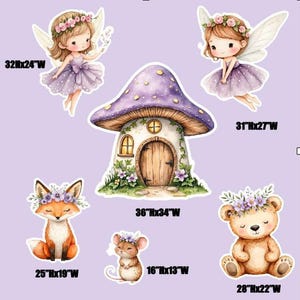 Set of six purple fairy party props against a solid purple background with dimension labels next to each piece.