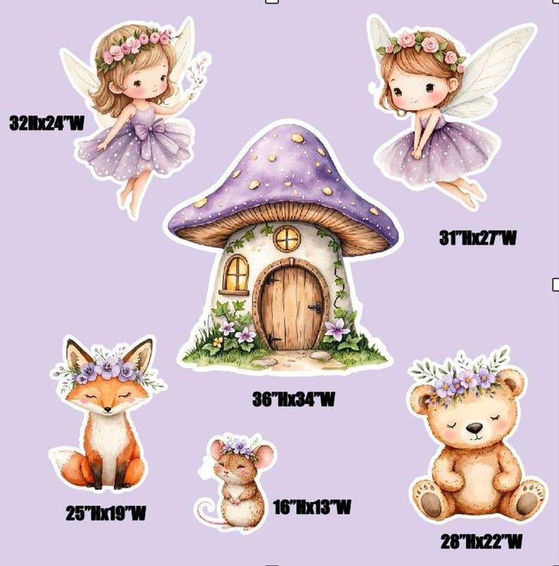 Set of six purple fairy party props against a solid purple background with dimension labels next to each piece.