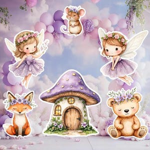 Six whimsical character cutouts positioned against a cloudy sky background with soft pink and purple balloons.