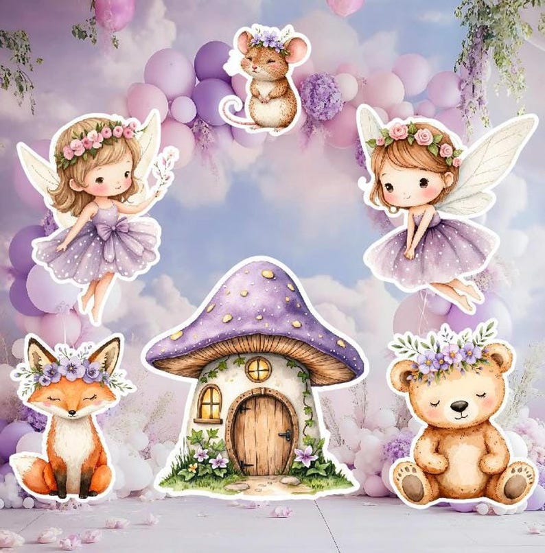 Six whimsical character cutouts positioned against a cloudy sky background with soft pink and purple balloons.