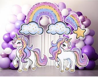 Adorno de unicornio arcoíris para fiesta (4 piezas) Recorte: Decoración para cumpleaños y baby shower, plástico corrugado