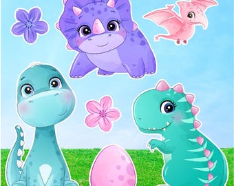 Girly Dinosaur Party Prop (7 Pieces) Cutout Full Set: Corrugated Plastic Dino Birthday yard cards